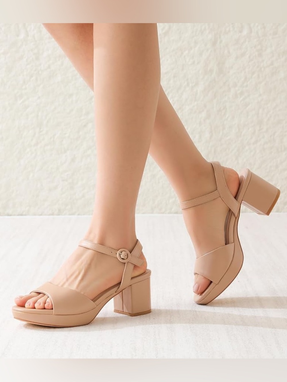 Neutral Block Heel Ankle-Strap Sandals in Nude